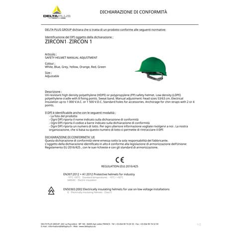 Elmetto da cantiere DELTA PLUS Zircon 1 polietilene giallo - ZIRC1JA